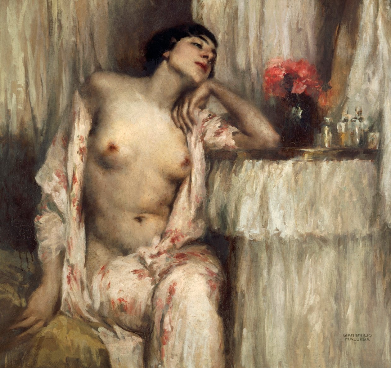 Halvlång figur av kvinna vid hennes toalett (olja på duk) av Gian Emilio Malerba