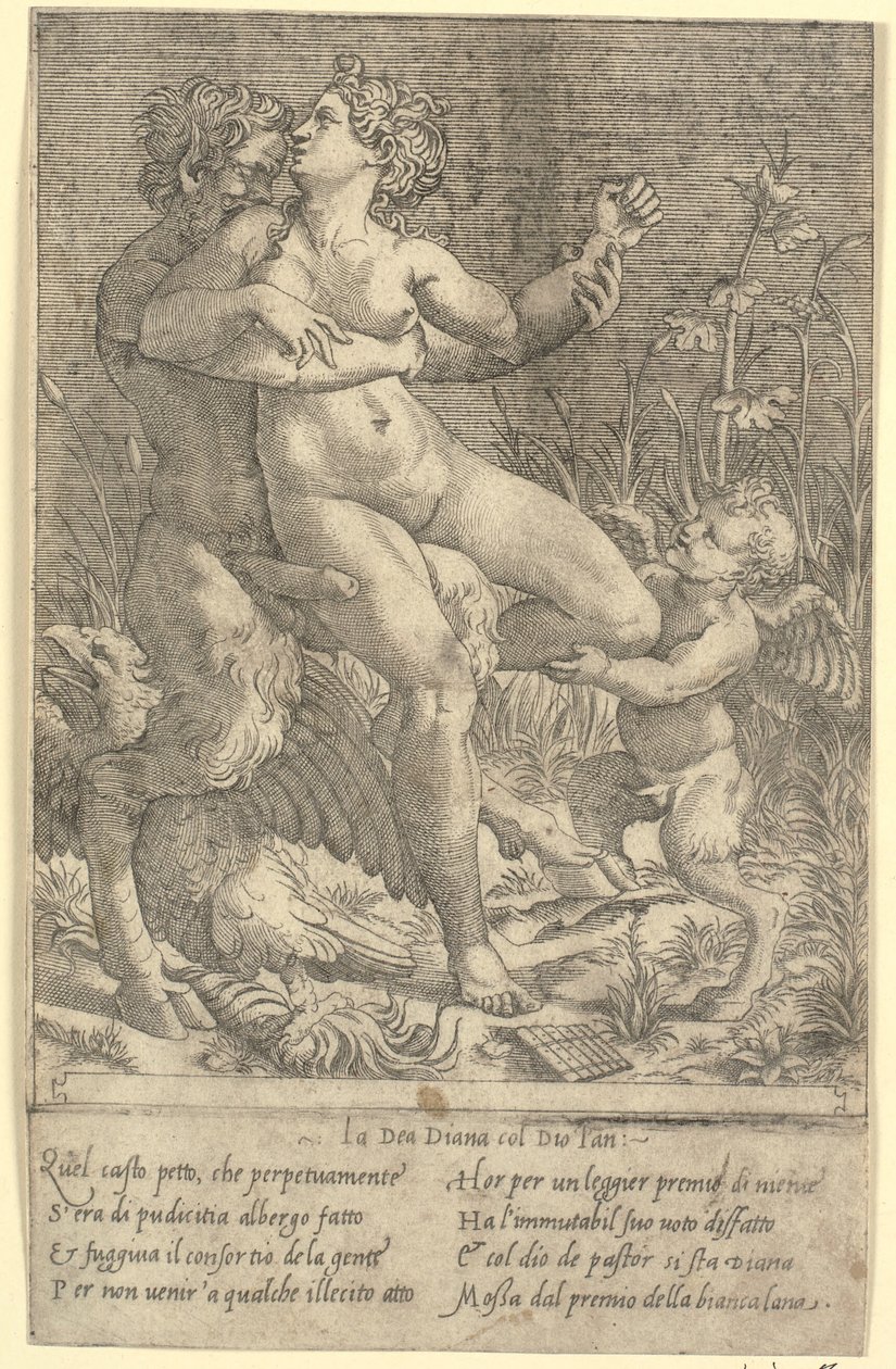Jupiter förvandlades till Satyr och Diana av Gian Jacopo Caraglio