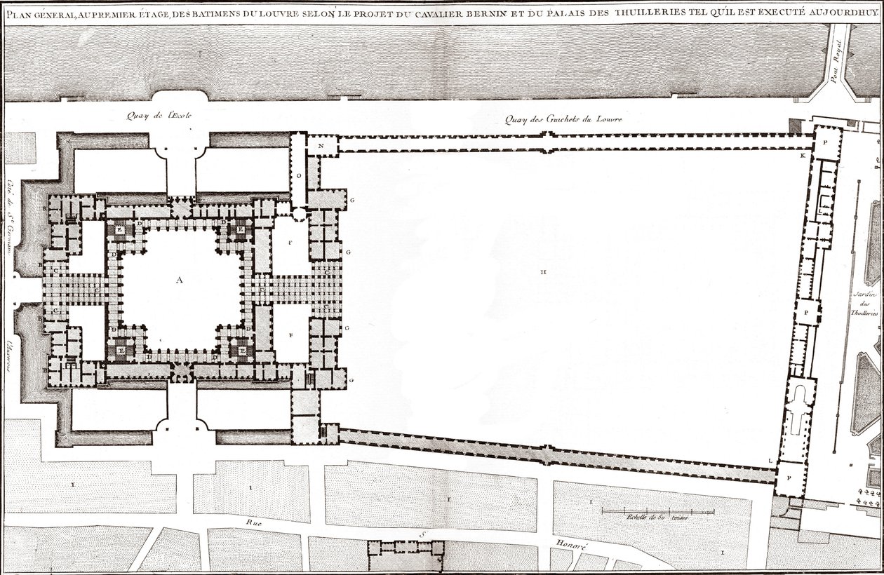 Översiktsplan efter Bernins projekt för Louvren och Tuilerierna i "Francoise Architecture"" av Jacques-Francois Blondel av Gian Lorenzo (after) Bernini
