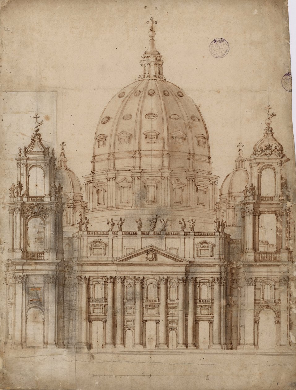 Alternativt förslag för fasaden av Basilica of St. Peter i Vatikanen par Bernini, Gianlorenzo (1598-1680). Penna, pensel, akvarell, tusch på papper av Gian Lorenzo Bernini