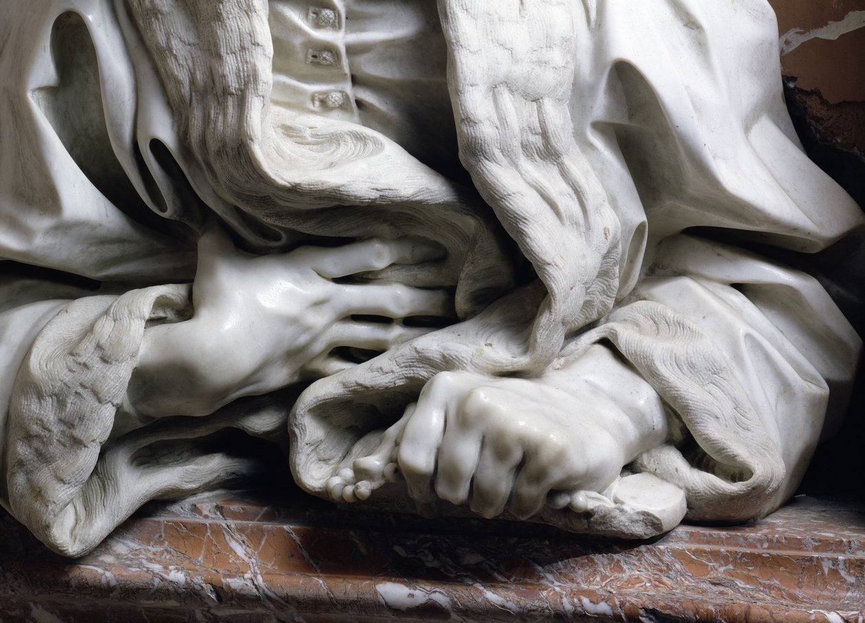 Byst av Gabrielle Fonsecas läkare av påven Innocentius X detalj av händerna som håller i en mantel, från Fonseca Chapel marmordetalj av 96874 av Gian Lorenzo Bernini