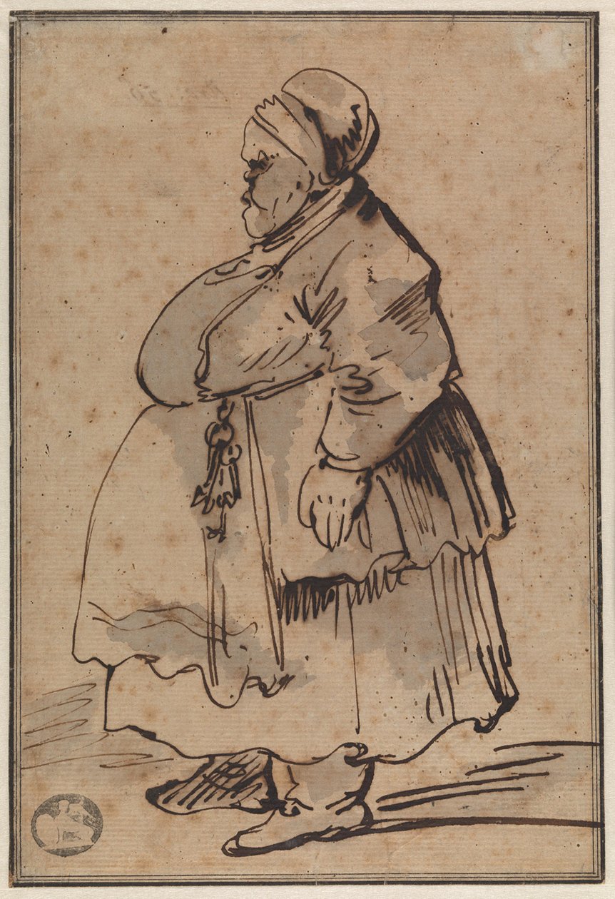Karikatyr av en tjock kvinna i vänsterprofil, med en nyckelknippa bunden vid förklädets linning, även kallad ”portvakten” av Gian Lorenzo Bernini