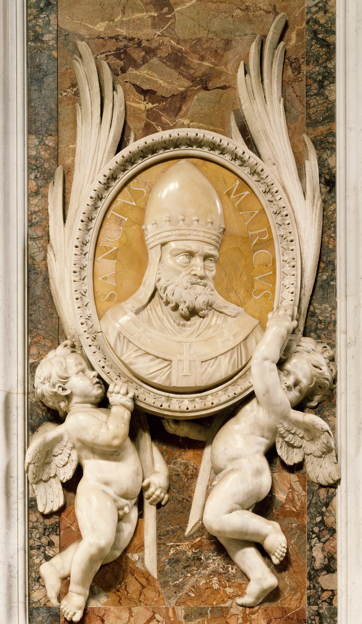 San Marco, relief av Gian Lorenzo Bernini (1598-1680), detalj av marmordekoration längs pelarna i huvudgången, Peterskyrkan, Rom, Vatikanstaten av Gian Lorenzo Bernini