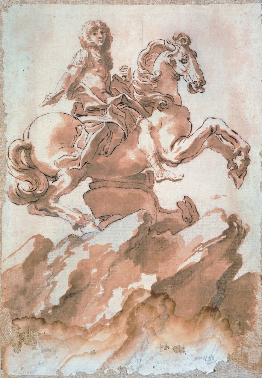 Skiss för Ludvig XIV till häst av Gian Lorenzo Bernini (1598-1680), teckning med penna och tusch av Gian Lorenzo Bernini