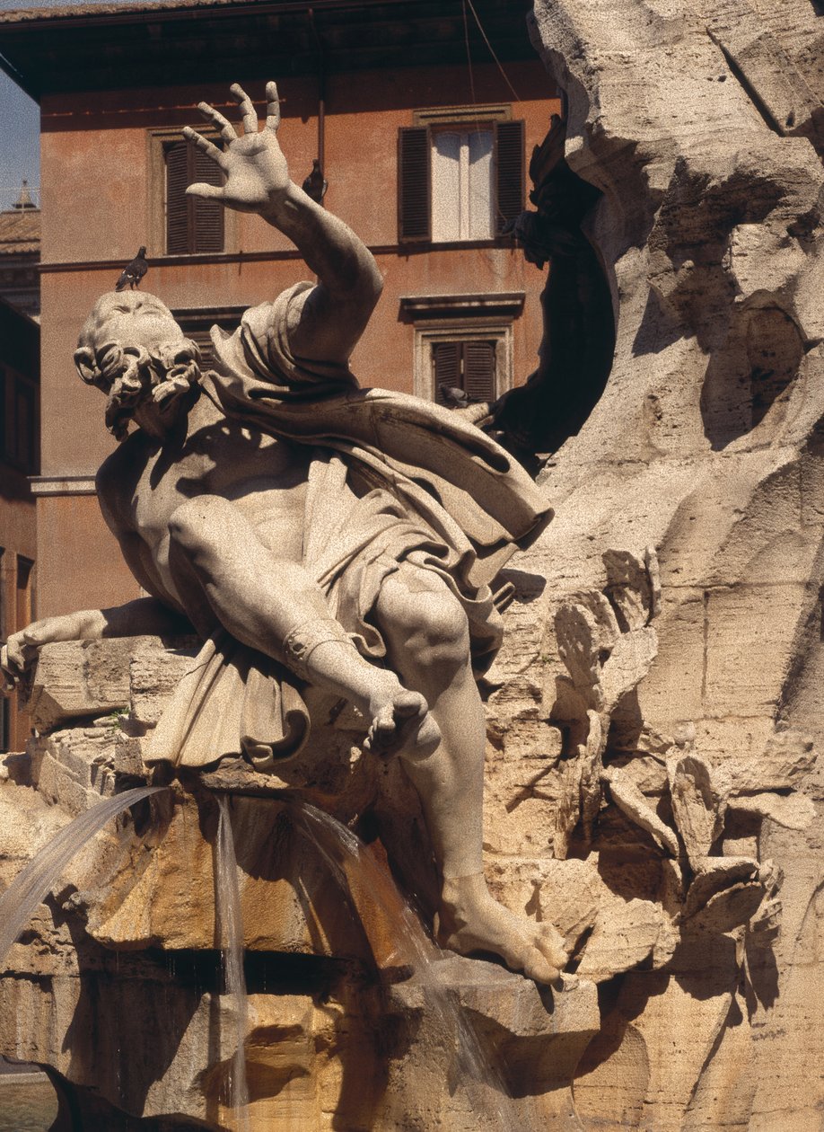 The Fountain of the Four Rivers, detalj av figuren som representerar flodplattan, 1648-51 stendetalj av 96887 av Gian Lorenzo Bernini