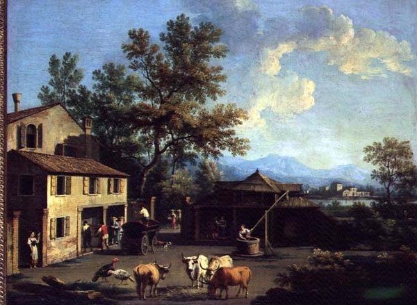 En gård med bönder och djur av Gianbattista Cimaroli