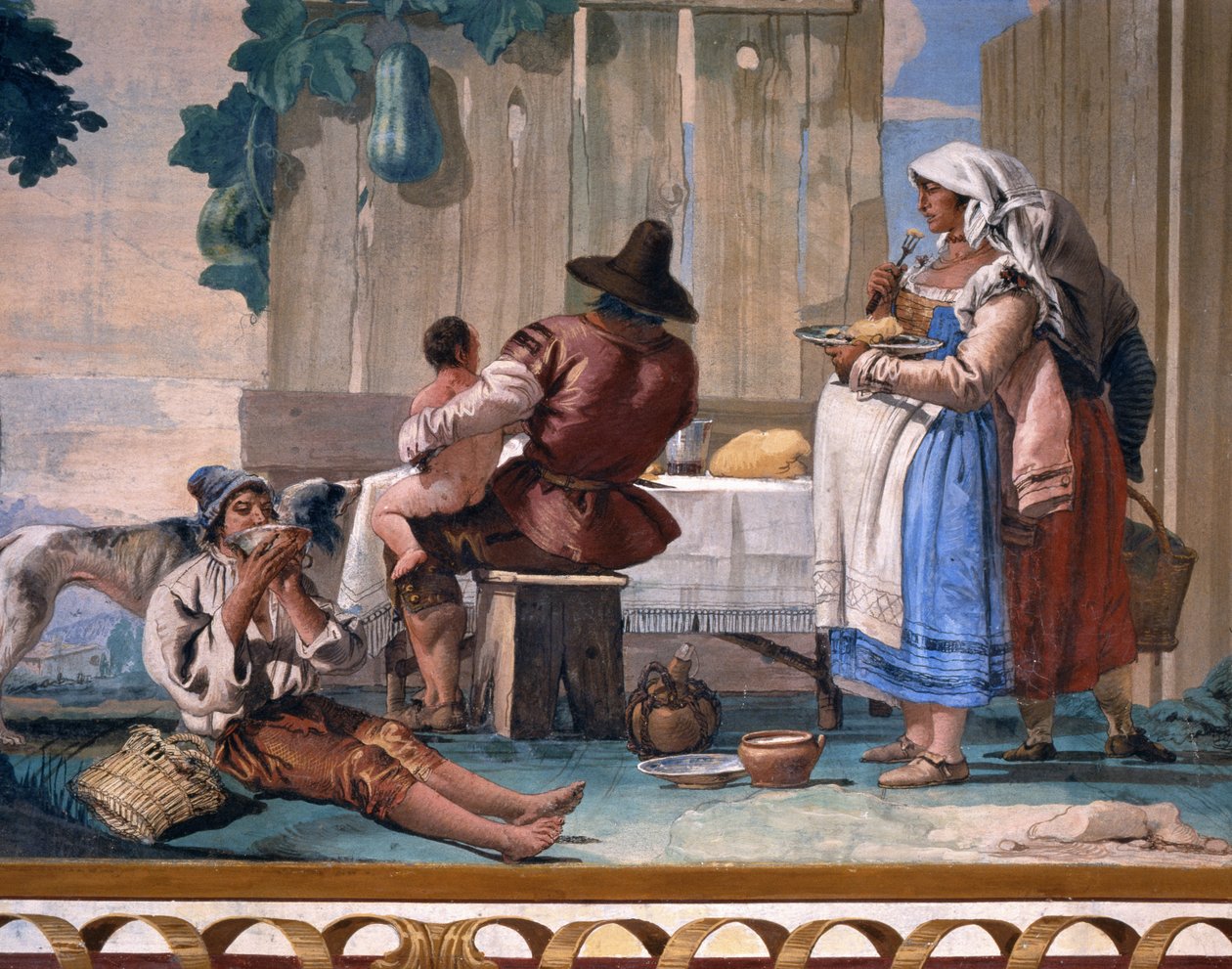 Bönder som äter utanför dörren, från Foresteria (gästhuset) 1757 av Giovanni Domenico Tiepolo
