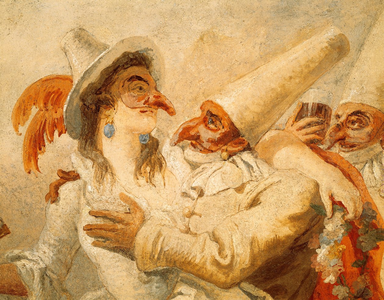 Karneval av Giandomenico Tiepolo (1727-1804), fresk, detalj med tre masker, Ca 
