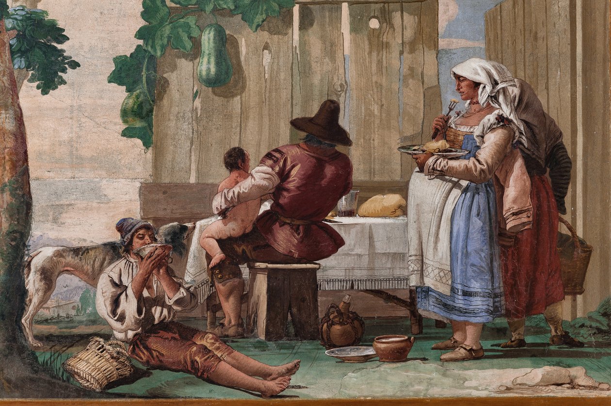 Bondefamilj vid bordet, från rummet med rustika scener, i Foresteria (gästhus) 1757 (fresk) av Giandomenico  Tiepolo