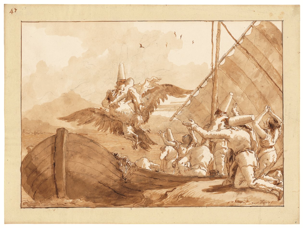 Punchinello buren av en örn (krita, penna och bläck, och tvätt på papper) av Giandomenico (1727 1804) Tiepolo