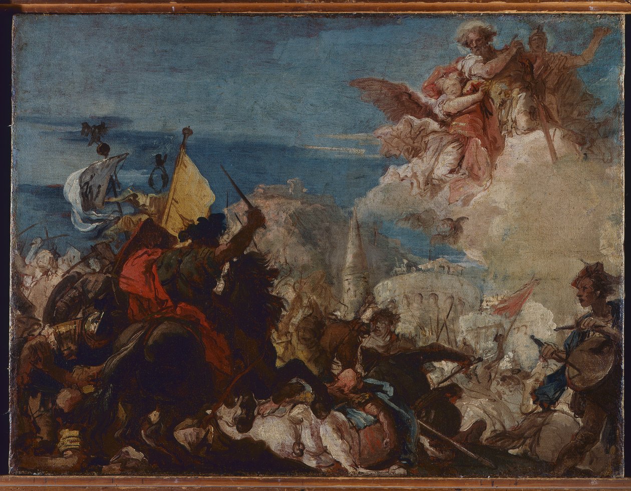 De heliga Faustinus och Jovita dyker upp till försvar av Brescia under attack från Niccolò Piccinino 1438 av Giovanni Domenico Tiepolo