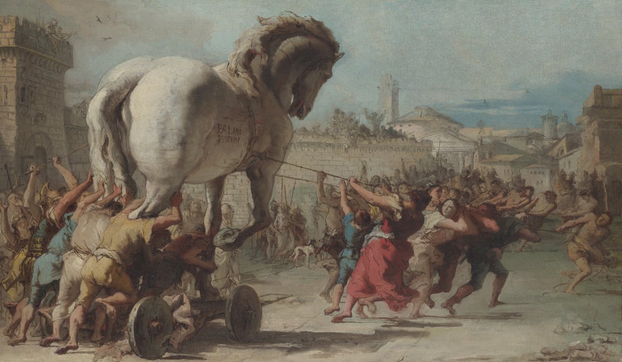 Processionen av den trojanska hästen i Troja, ca 1760 (olja på duk) av Giandomenico (1727 1804) Tiepolo