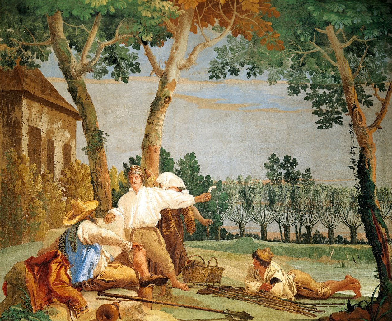 Peasants at Rest, av Giandomenico Tiepolo (1727-1804), fresk, Rum med rustika scener i Foresteria (Gästhus), Villa Valmarana 