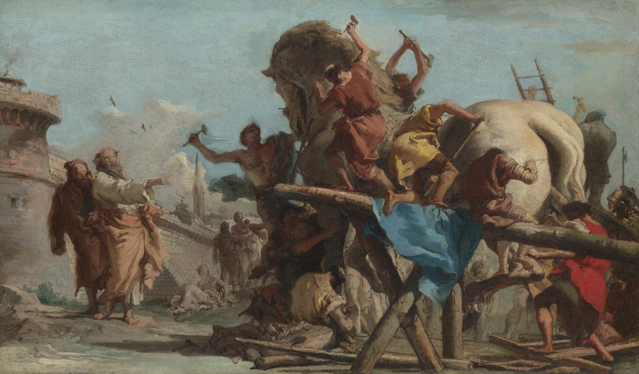 The Building of the Trojan Horse, c.1760 (olja på duk) av Giandomenico (1727 1804) Tiepolo