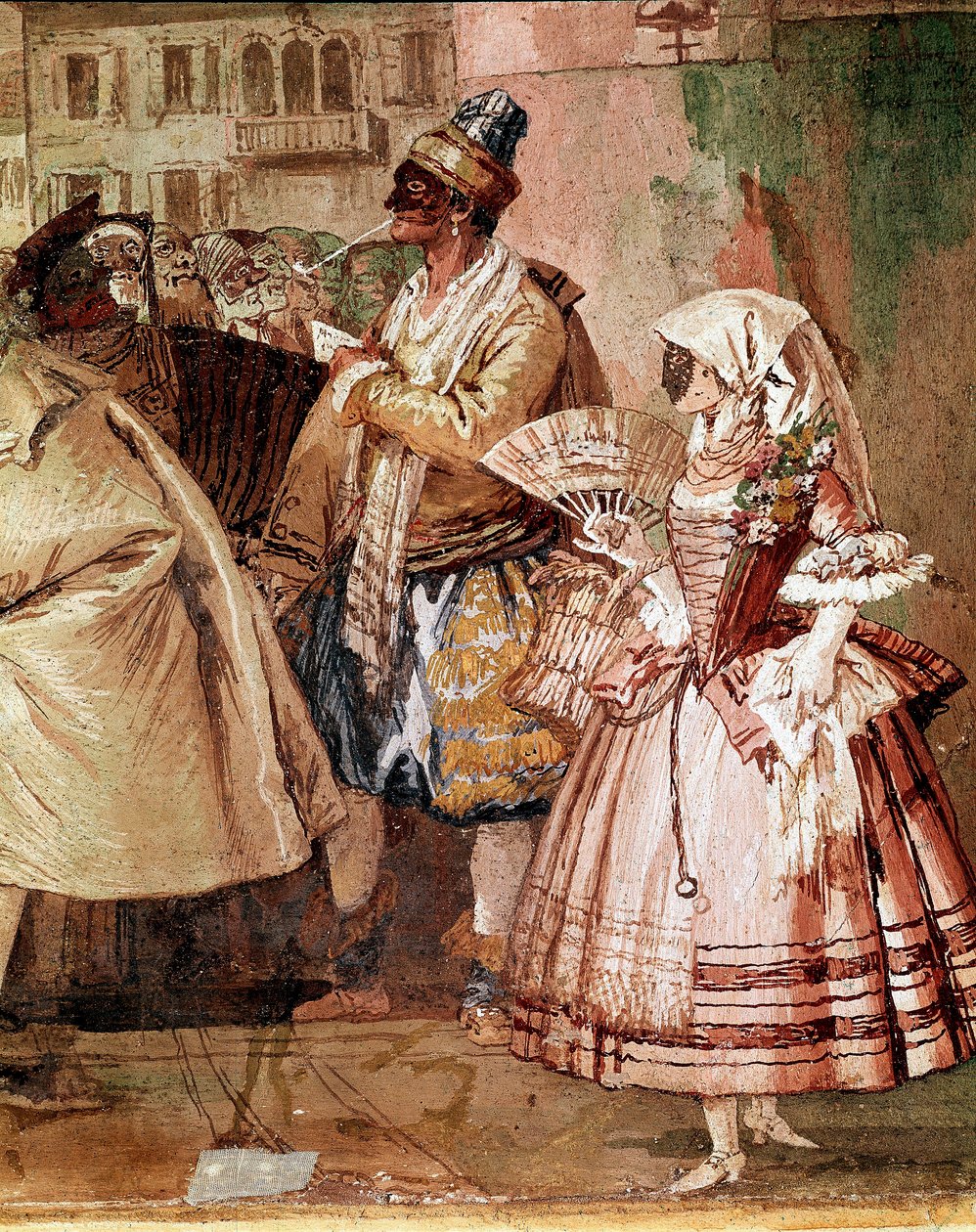 Venetianska masker Detalj av en fresk av Giandomenico Tiepolo (1727-1804) Vicenza från 1700-talet, Villa Valmarana av Giandomenico  Tiepolo