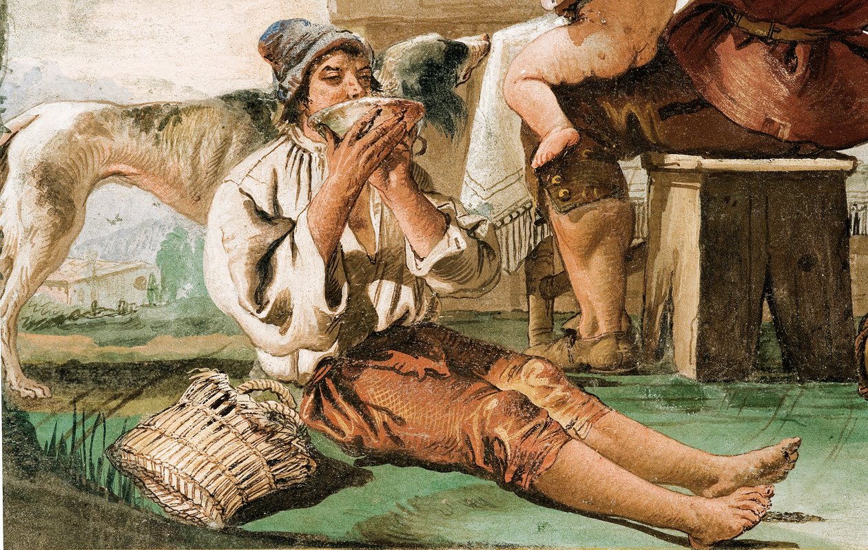 Detalj från bondefamiljen vid bordet, från rummet med rustika scener, i Foresteria, 1757 av Giovanni Domenico Tiepolo
