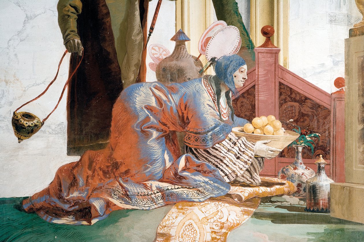 Detalj från Erbjudandet av frukt till en mångud, från det kinesiska rummet i Foresteria, 1757 av Giovanni Domenico Tiepolo
