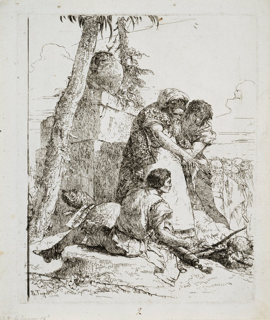 Trollkarl som pekar ut ett brinnande huvud till två ungdomar, ca. 1740-talet av Giovanni Domenico Tiepolo