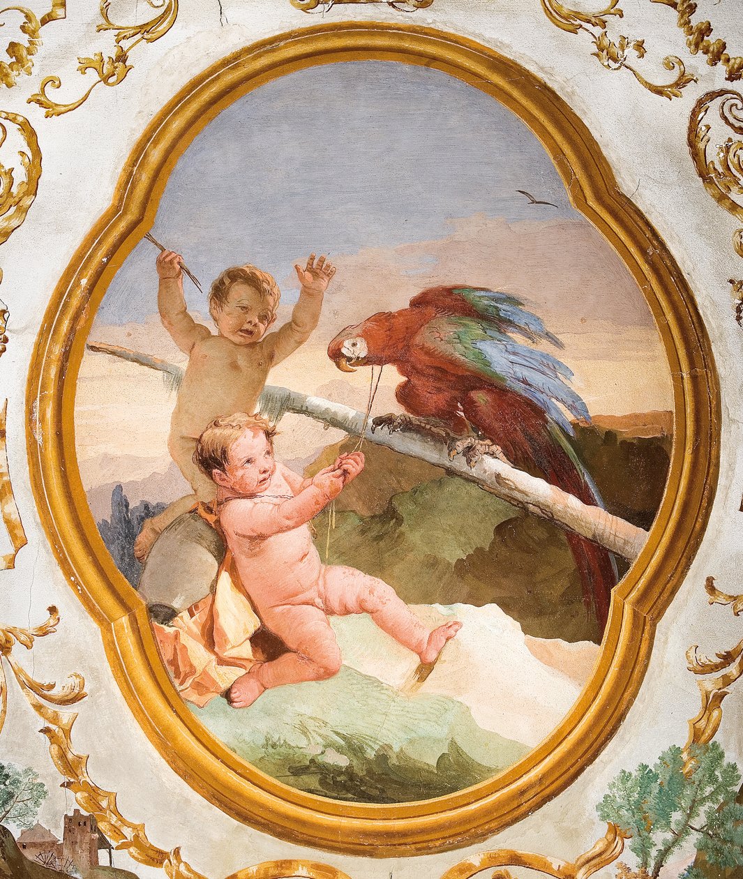 Putti med en papegoja, från Puttirummet i Foresteria (gästhuset) 1757 av Giovanni Domenico Tiepolo