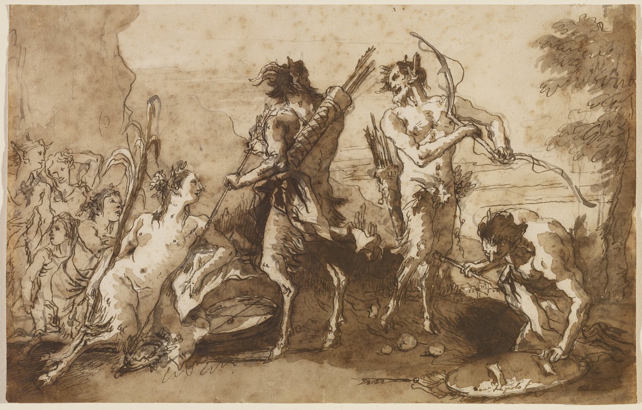 Satyrs and Satyresses in a Landscape, c.1770 (penna & järn gallbläck med bruna och gråa tvättar på lagt papper) av Giovanni Domenico Tiepolo