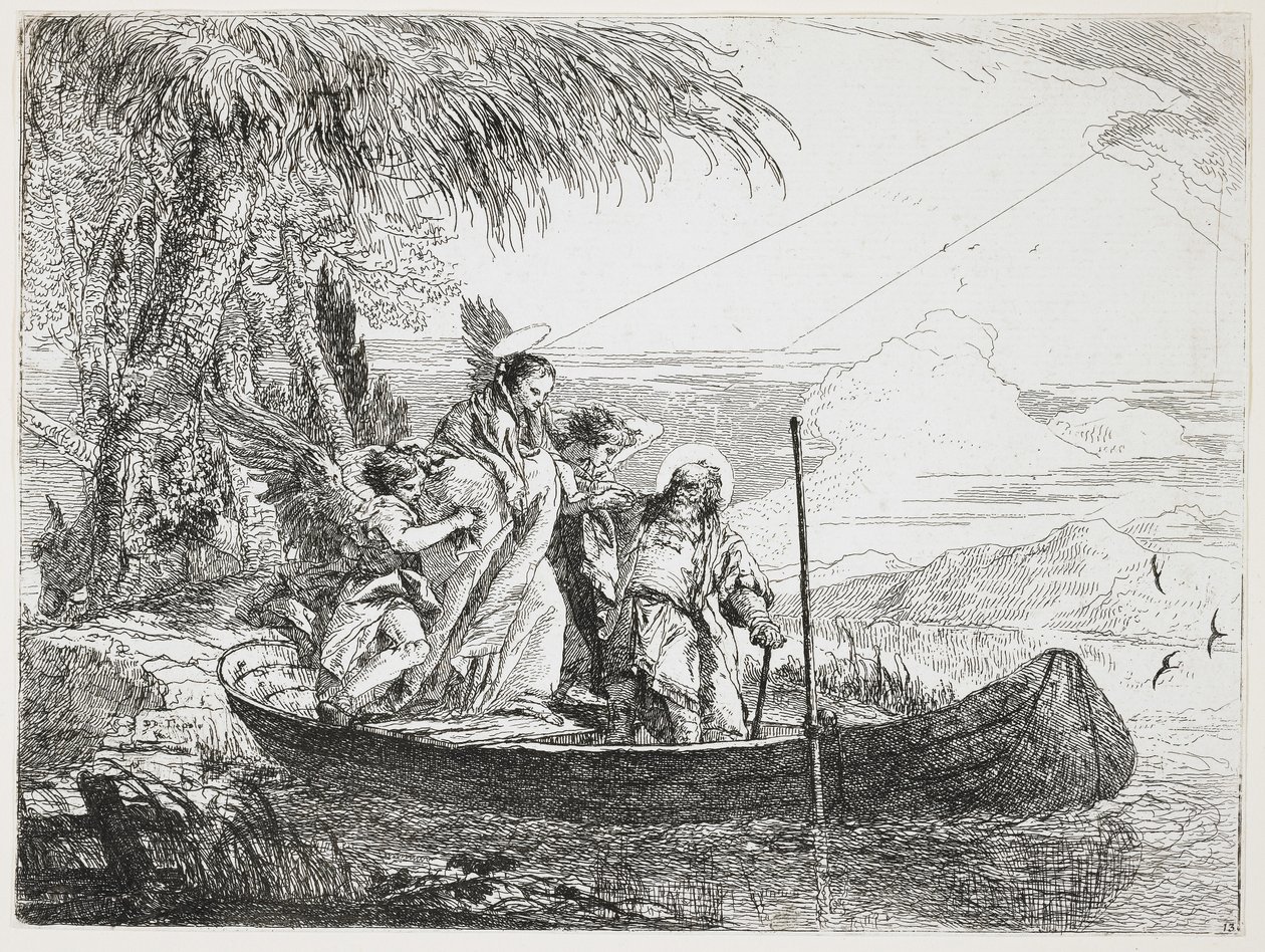 : Den heliga familjen går in i båten från flykten till Egypten, 1750-1753 av Giovanni Domenico Tiepolo