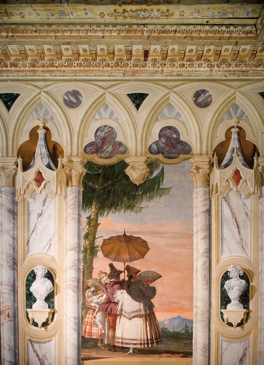 Sommarpromenaden, från rummet i den gotiska paviljongen, i Foresteria, 1757 av Giovanni Domenico Tiepolo