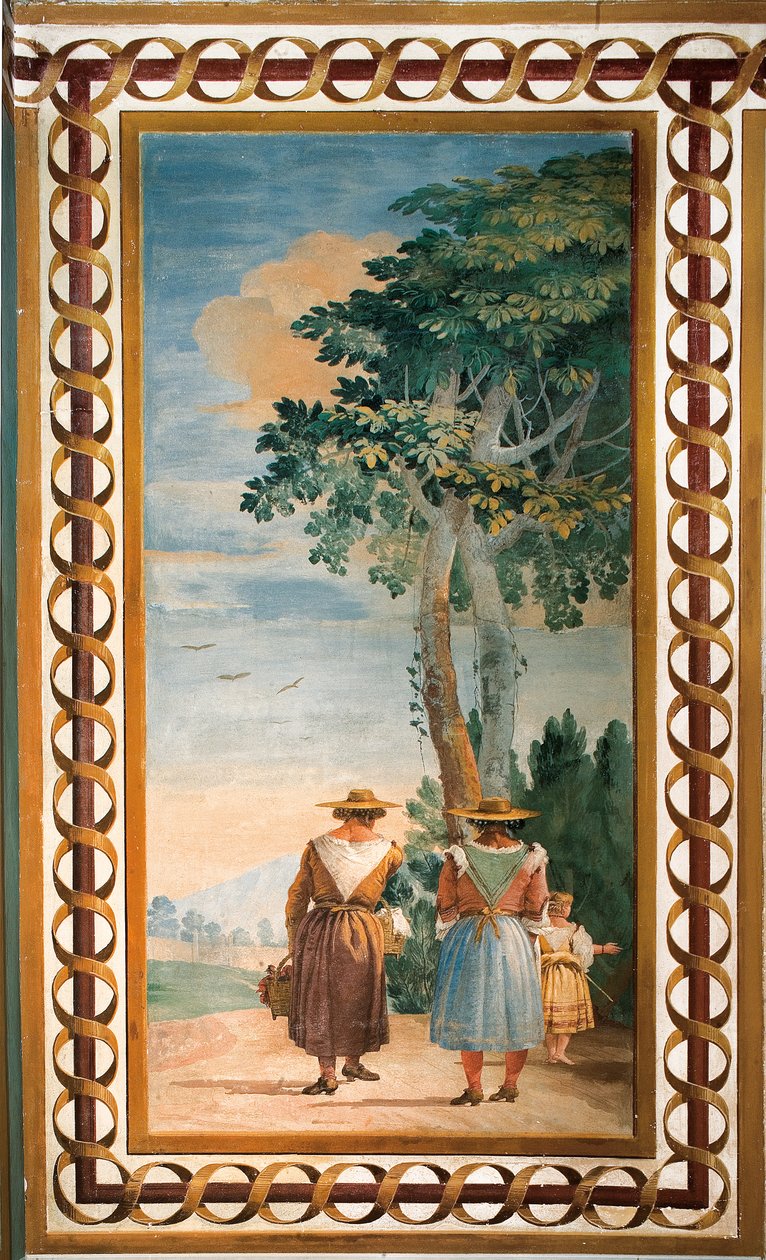 Tre bönder sedda bakifrån, från rummet med rustika scener, i Foresteria, 1757 av Giovanni Domenico Tiepolo