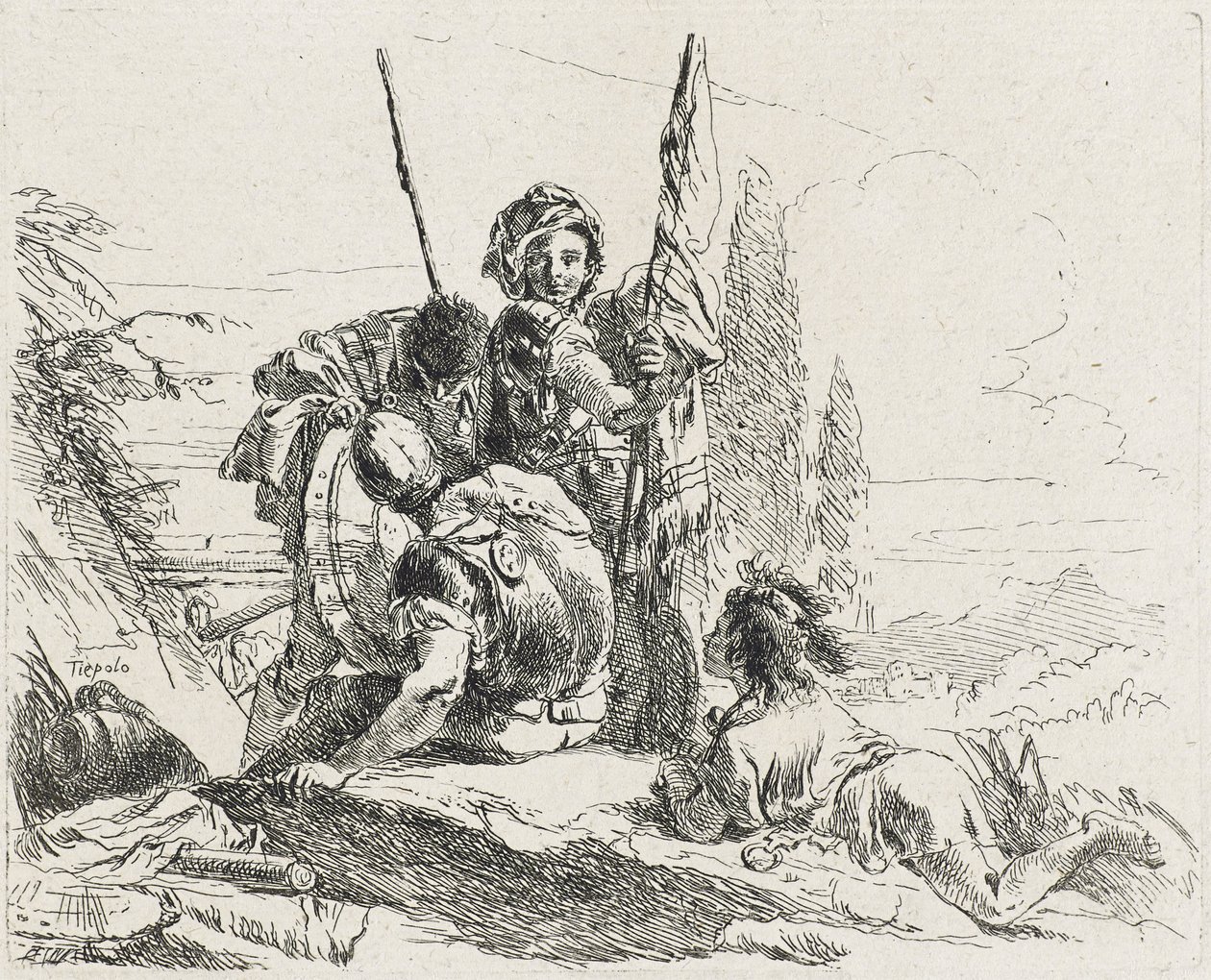 Tre soldater och en pojke, 1749 av Giovanni Domenico Tiepolo