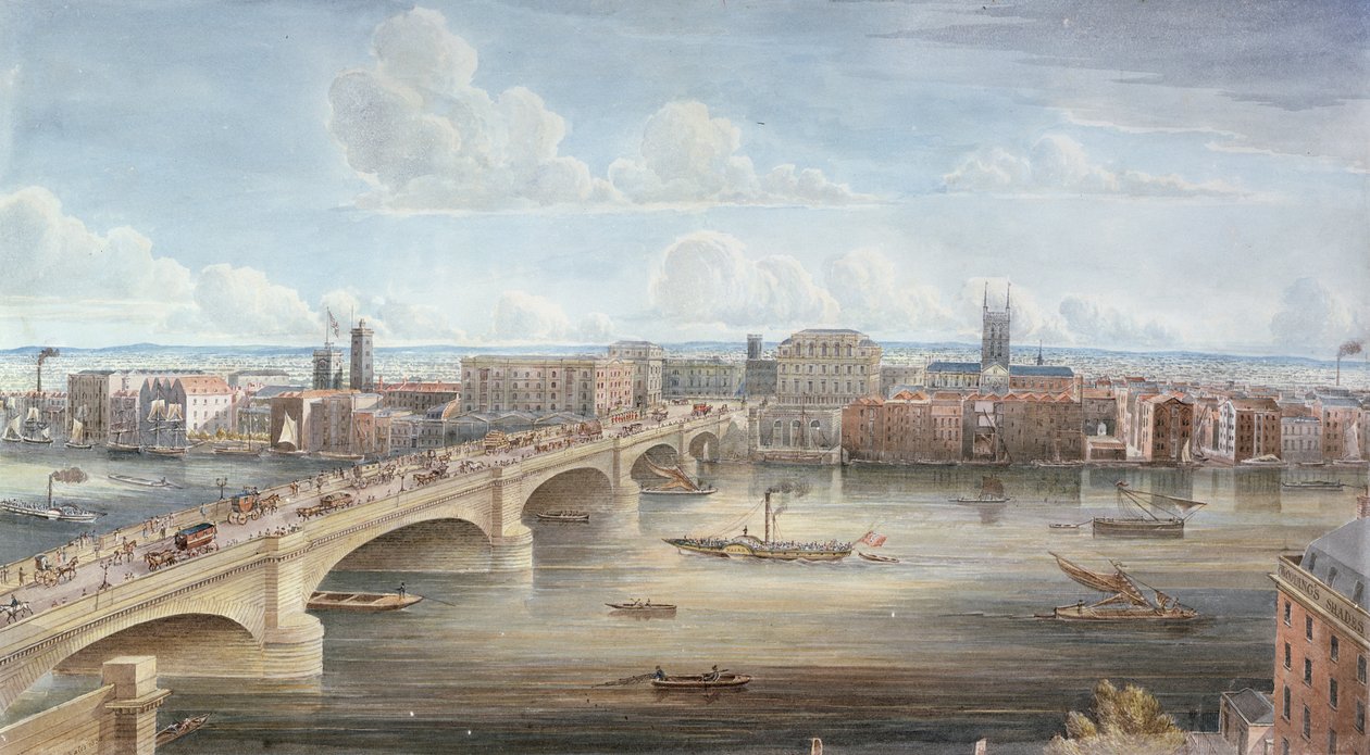 En annan vy av New London Bridge, som visar västfronten, tittar mot Southwark och ger en avlägsen vy över Surrey, 1838 av Gideon Yates