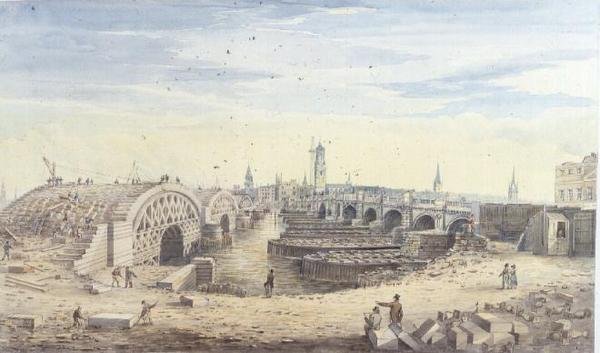 Byggandet av den nya London Bridge vid sidan av den gamla London Bridge av Gideon Yates