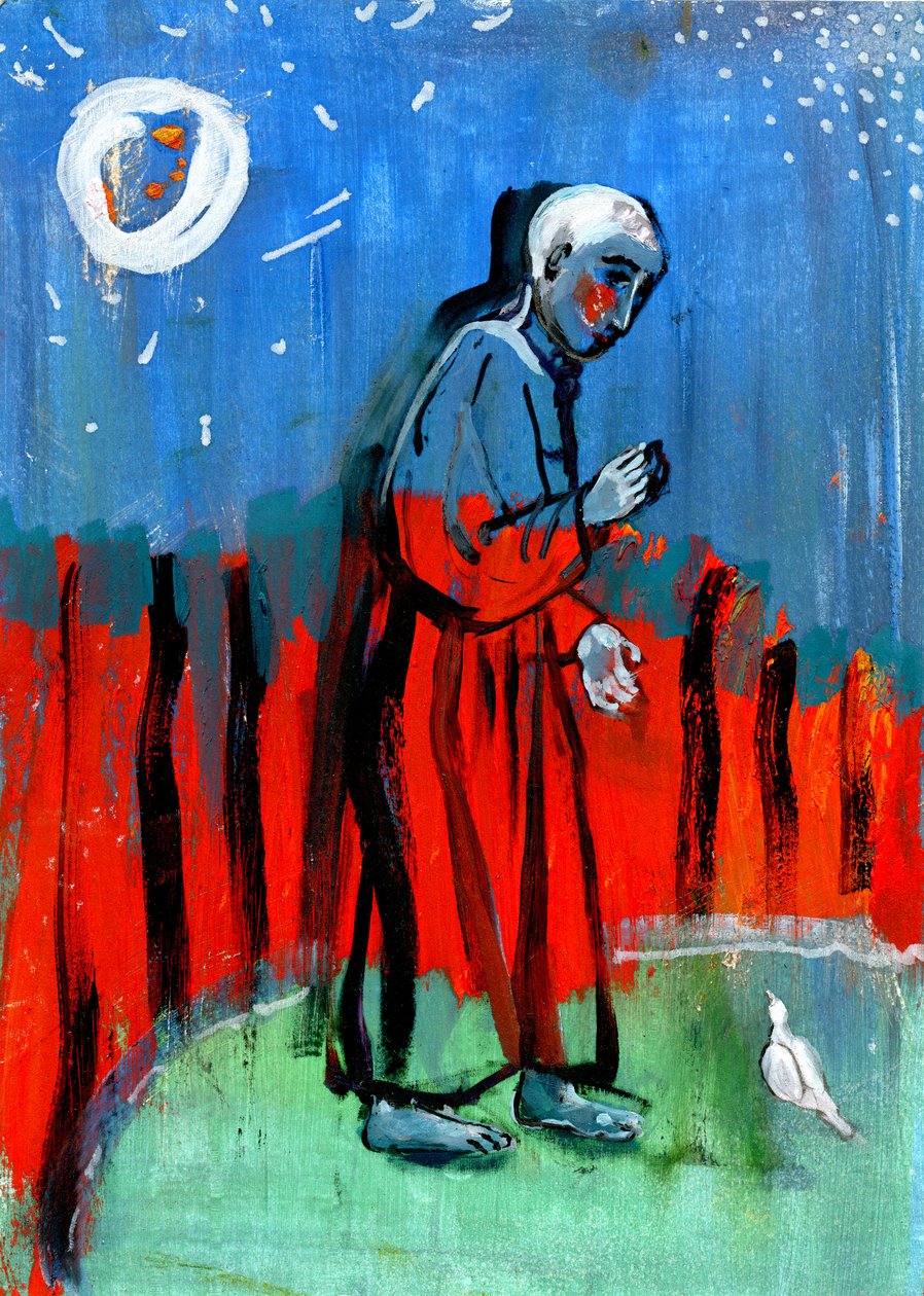 Mata fåglarna. Efter Giotto, 2015, (olja på papper) av Gigi Sudbury