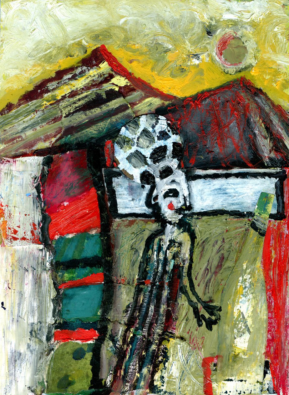 Football in the Mountains, 2015, (blandade media på gesso-tavlan) av Gigi Sudbury