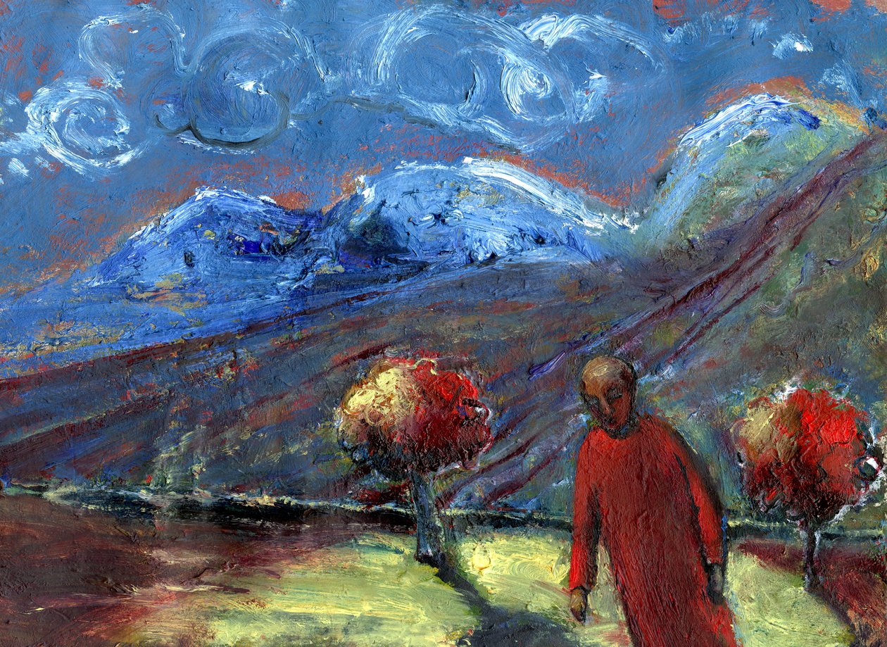 Walk in the Blue Mountains, höst, 2015, (olja på papper) av Gigi Sudbury