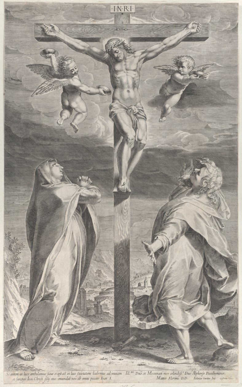 Korsfästelse med Jungfru Maria och Johannes evangelisten, änglar över huvudet, ca. 1593., ca. 1593 av Gijsbert Van Veen
