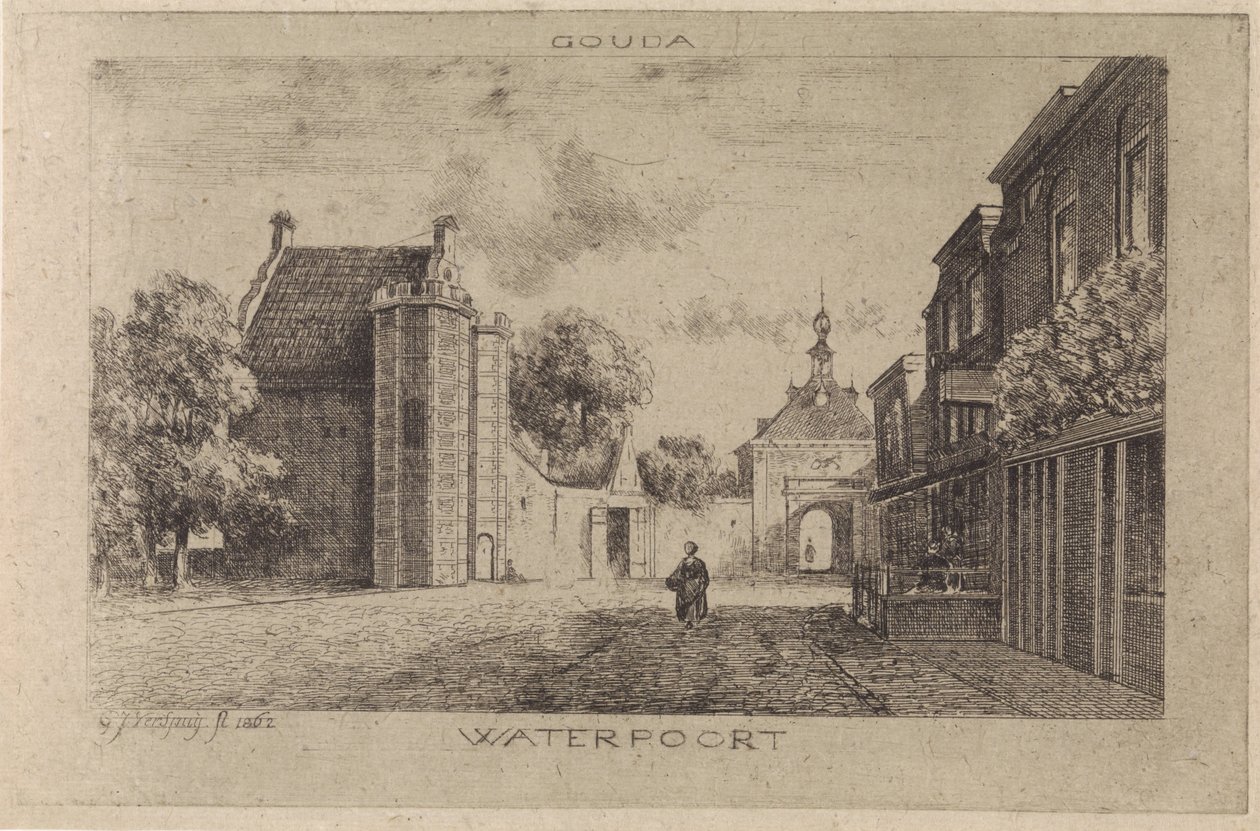 Utsikt över Waterpoort i Gouda av Gijsbertus Johannes Verspuy