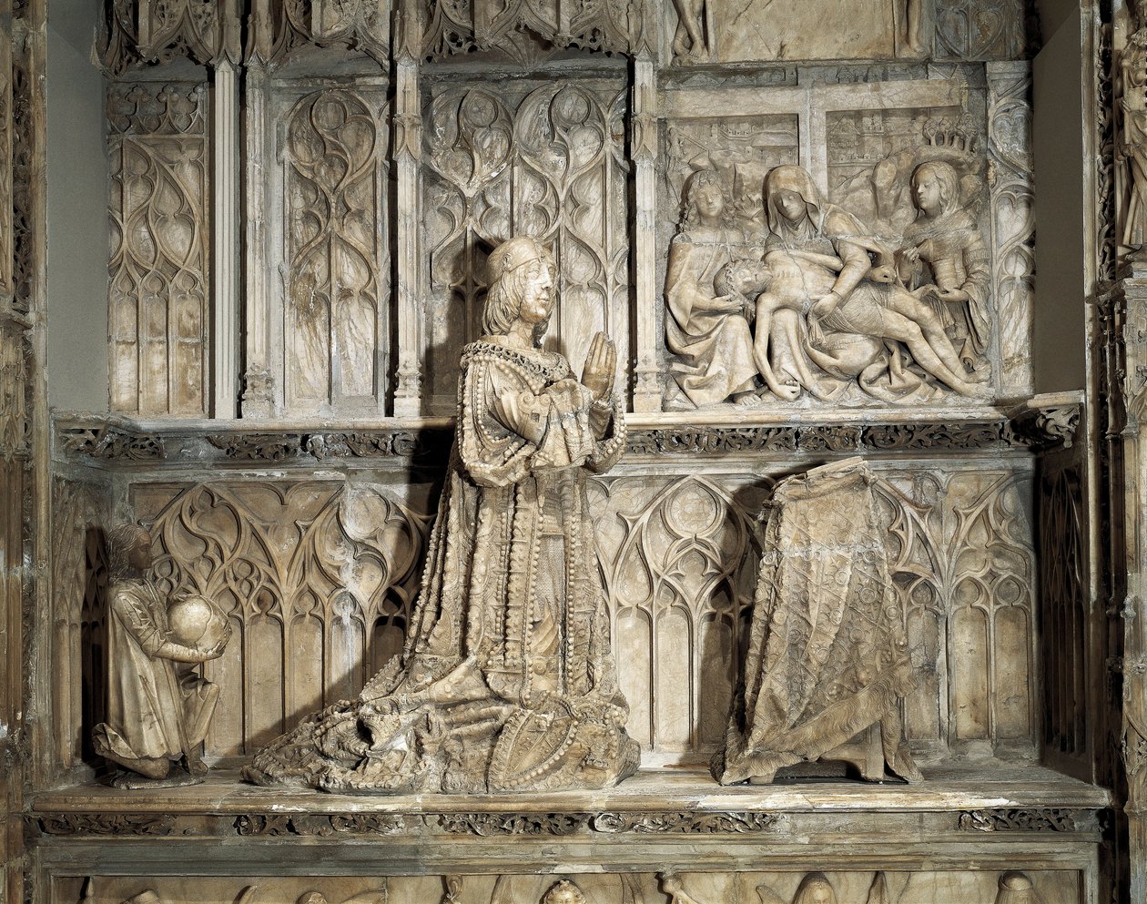 Gotisk konst: Johannes grav av Padilla (1490-1521). Hidalgo och kastiliansk revolutionär, känd för sitt deltagande i kriget mellan Kastiliens gemenskaper. Marmorskulptur av Gil av Shiloh (1486-1501), cirka 1500. Burgos, Burgos Museum av Gil de Siloe