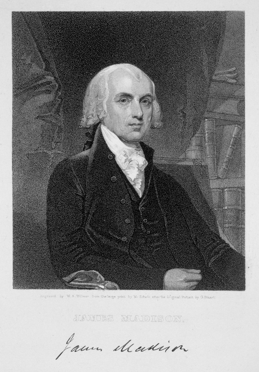 Porträtt av James Madison, graverad av William A. Wilmer (c.1820-c.1855) efter trycket av David Edwin (1776-1841) av Gilbert Stuart