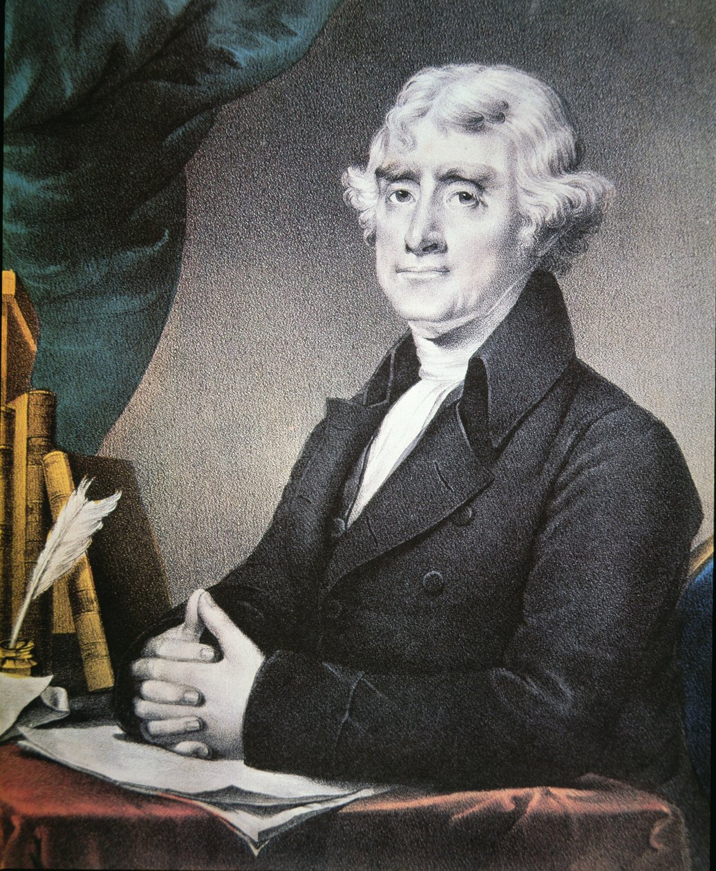 Thomas Jefferson (1743-1826) publicerad av Nathaniel Currier (1813-88) (färg litho) av Gilbert (after) Stuart