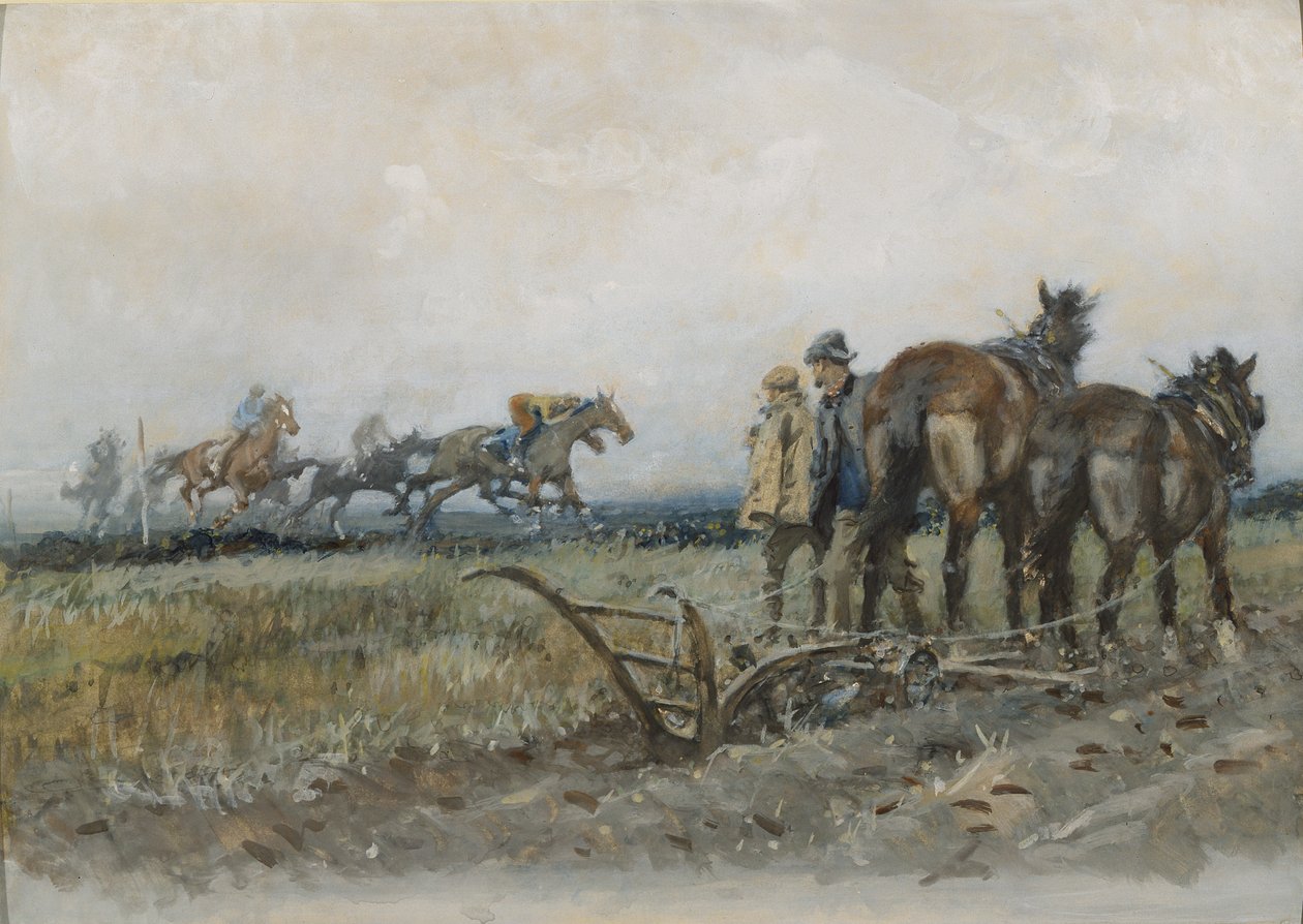 Tävlingshästar på motion Watched by Ploughmen (wc och gouache ombord) av Gilbert Holiday
