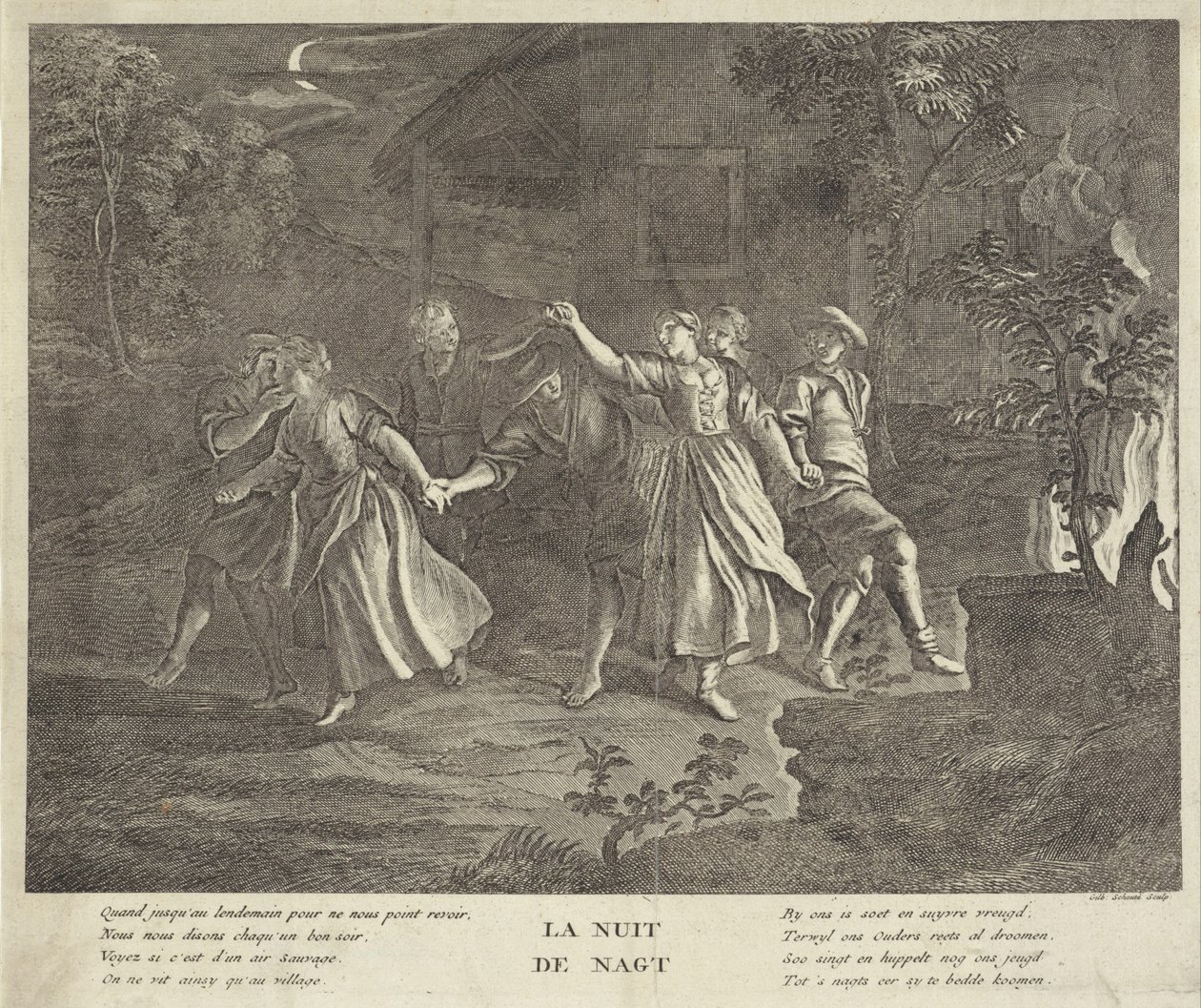 Natt: runddans av unga män och kvinnor La nuit / Natten (titel på objekt) av Gilbert Schoute