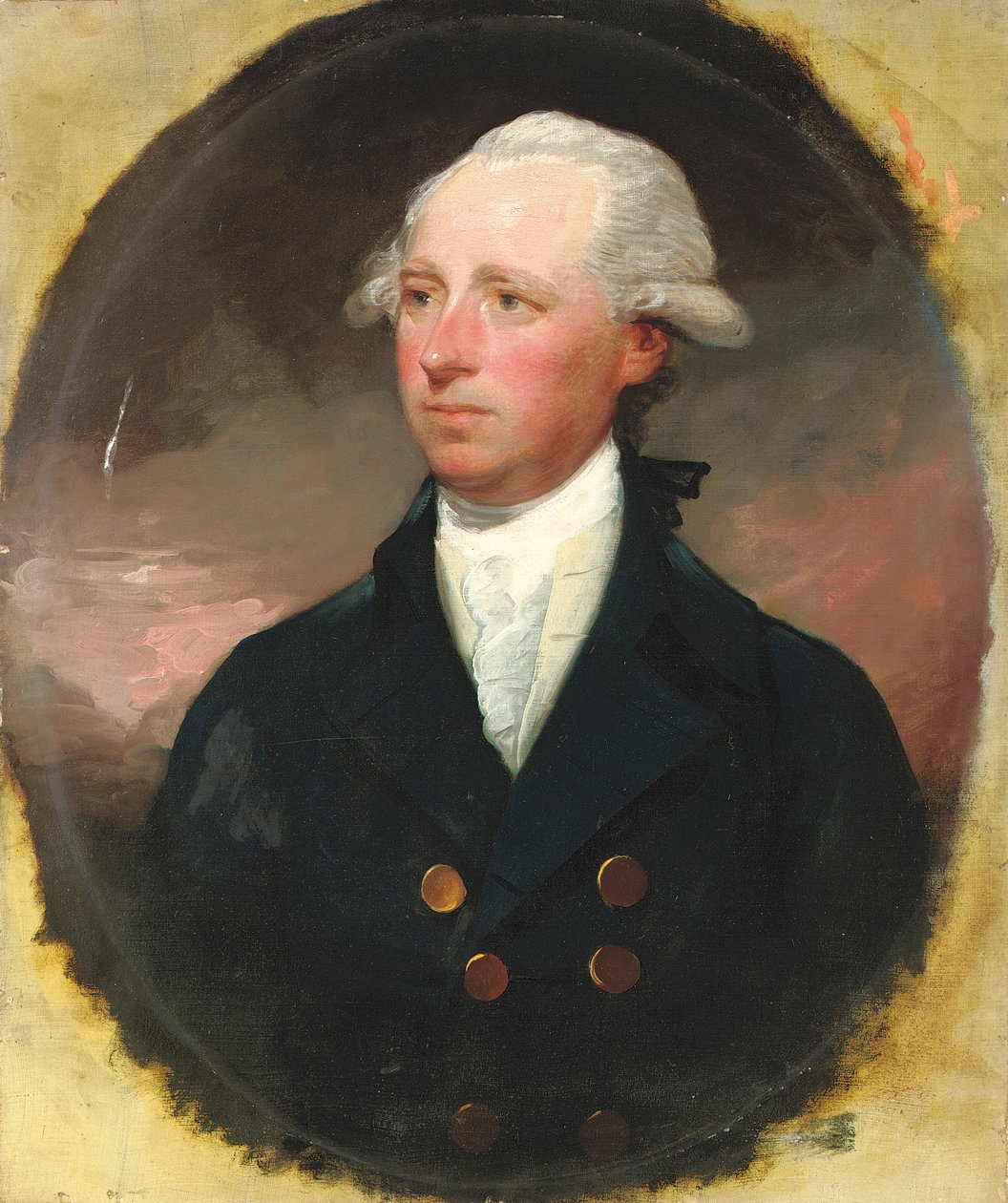 Porträtt av Sir Thomas George Skipwith, halvlångt, i blå rock, låtsad oval av Gilbert Stuart