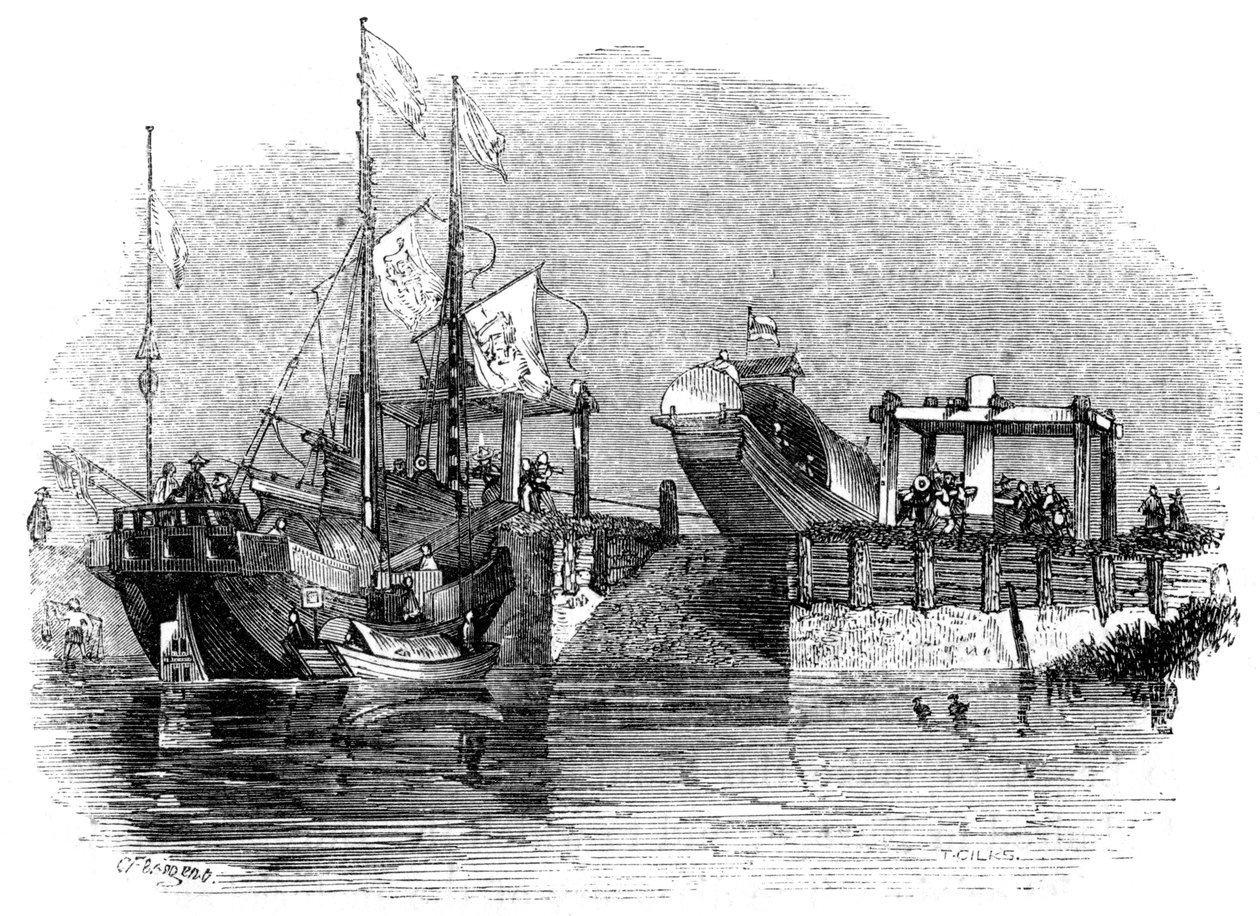 Båt dragen över en sluss eller sluss på en kanal, 1847 av Giles