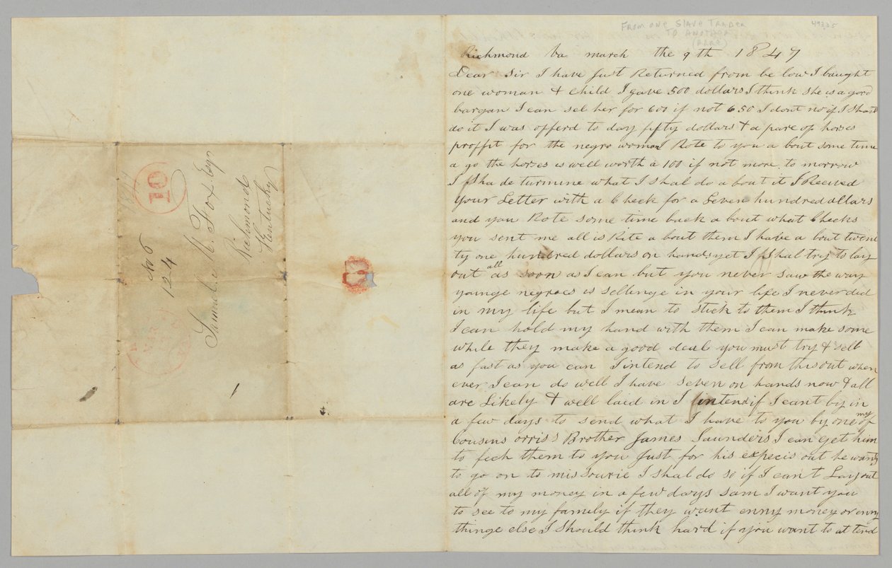 Brev till Samuel Fox från Giles Saunders angående slavhandeln, 9 mars 1847. av Giles Saunders