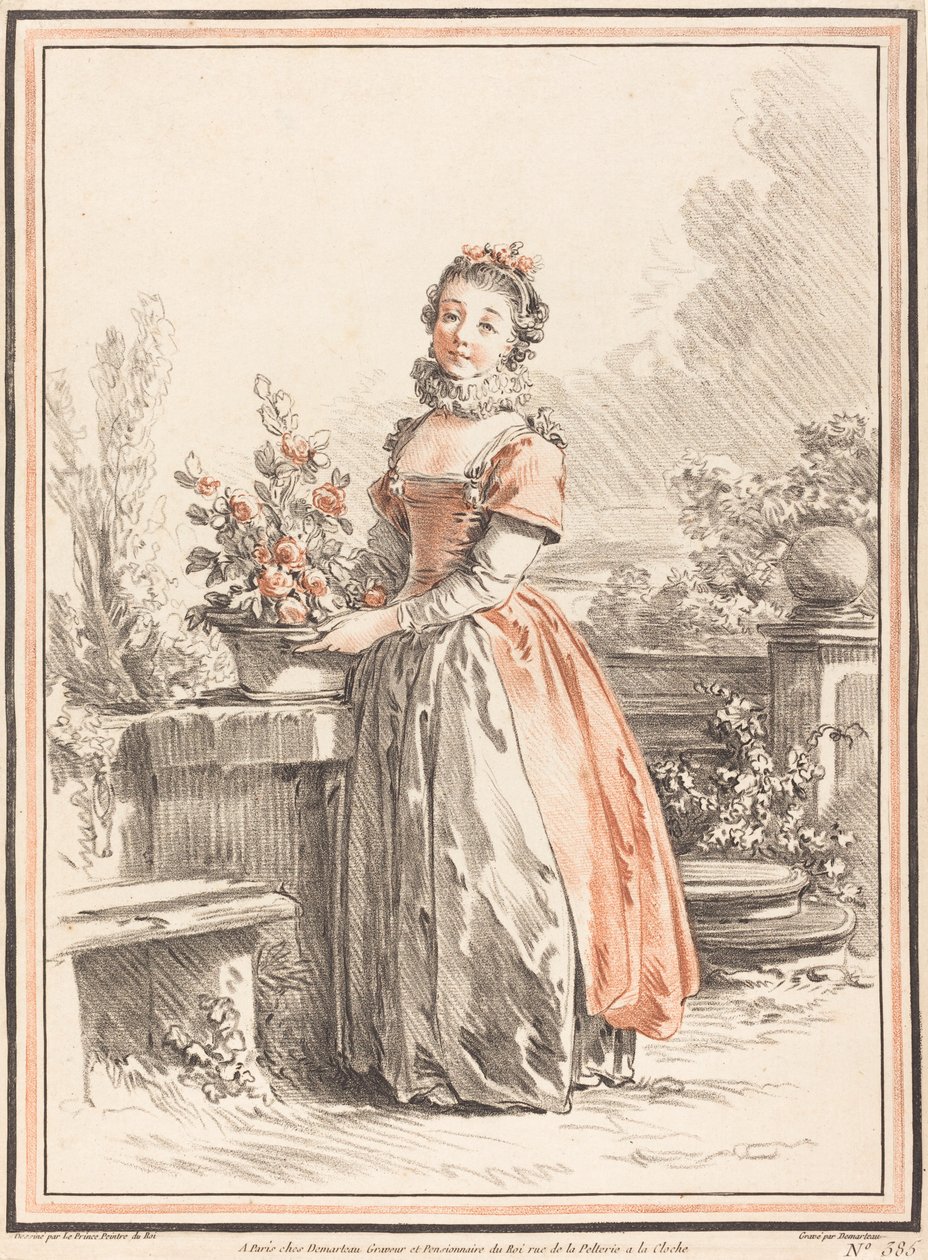 En ung kvinna som står i en park av Gilles Antoine Demarteau after Jean Baptiste Le Prince