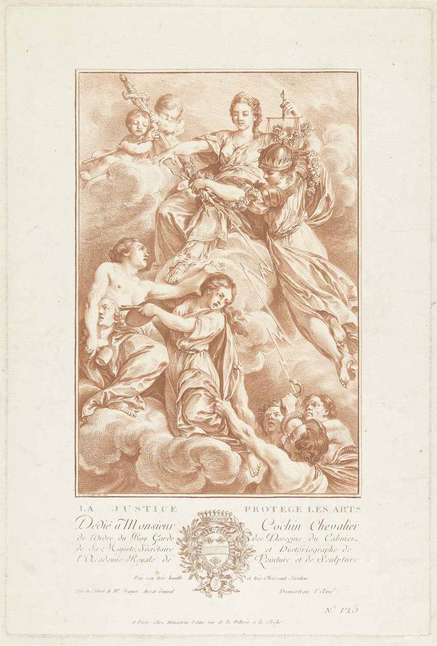 Allegori med Justitia som konstens beskyddare La Justice protégé les arts (titel på objekt) av Gilles Demarteau