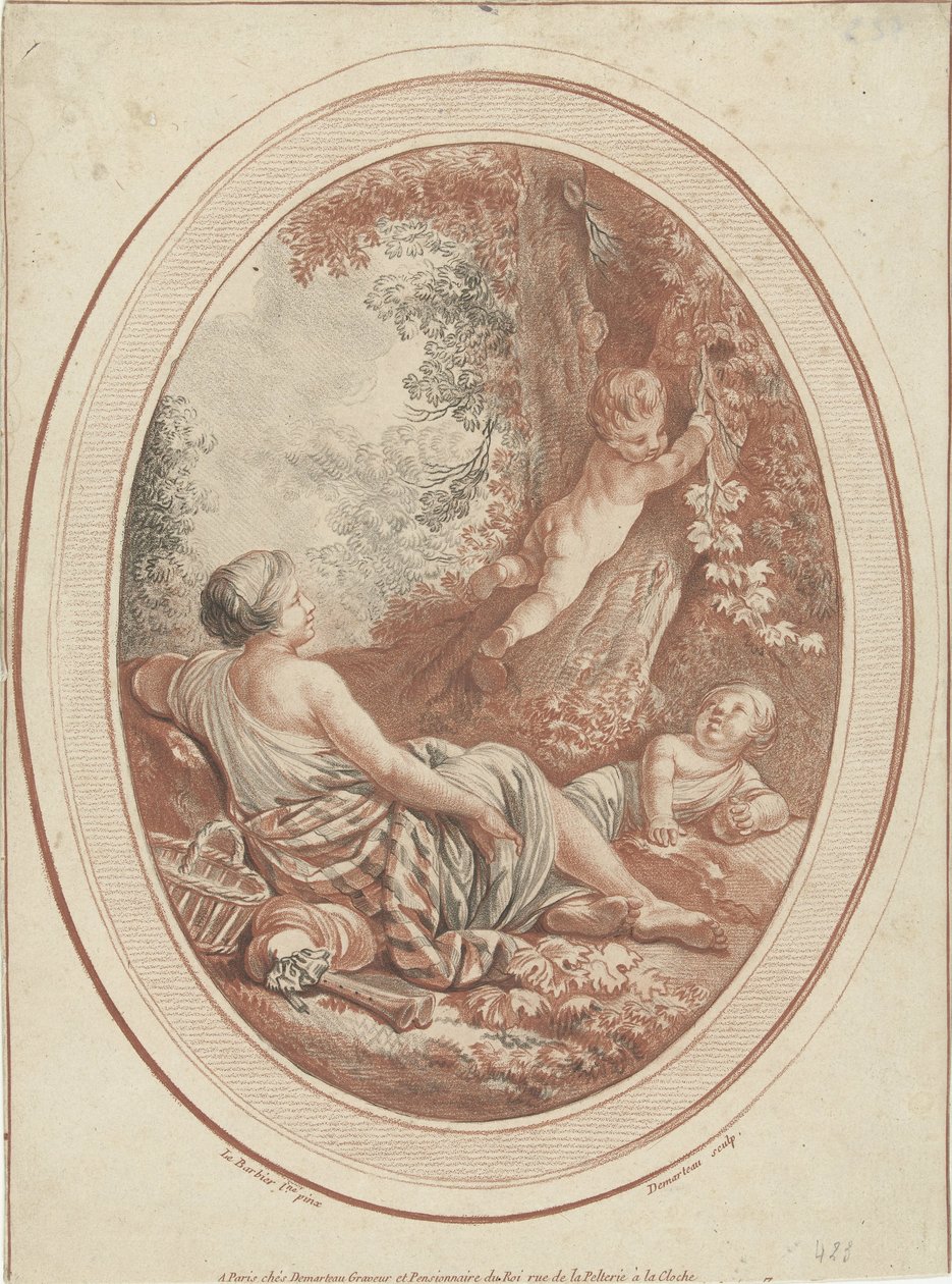 Bacchanal med nymf och putti nära träd av Gilles Demarteau