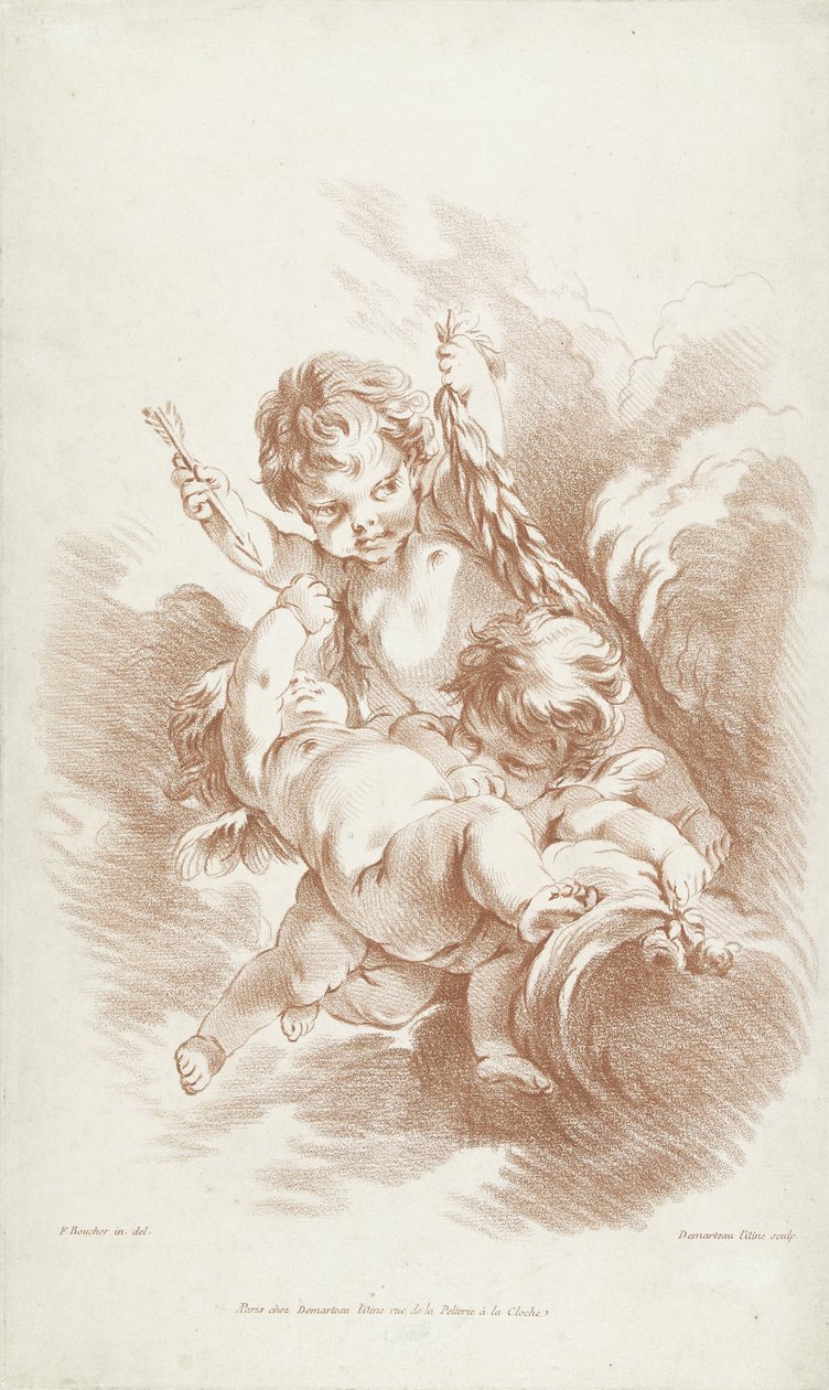 Tre spelar putti på moln av Gilles Demarteau