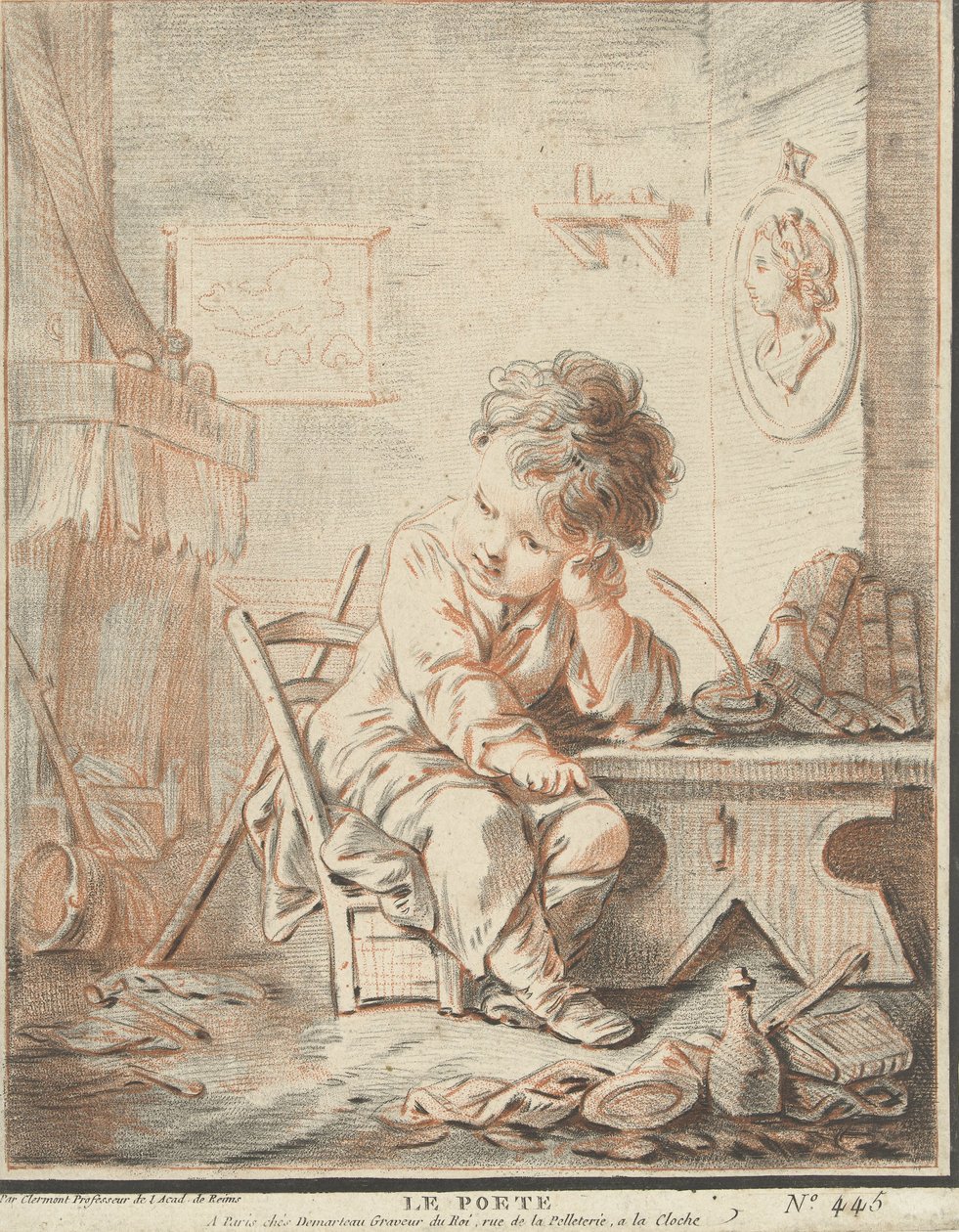 Barn som poet på jobbet i en interiör Le poete (titel på objekt) av Gilles Demarteau
