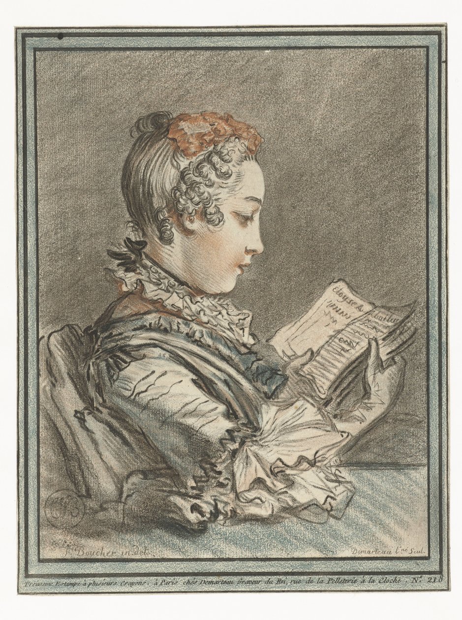 läsande kvinna Femme lisant Eloyse et Abilar av Gilles Demarteau