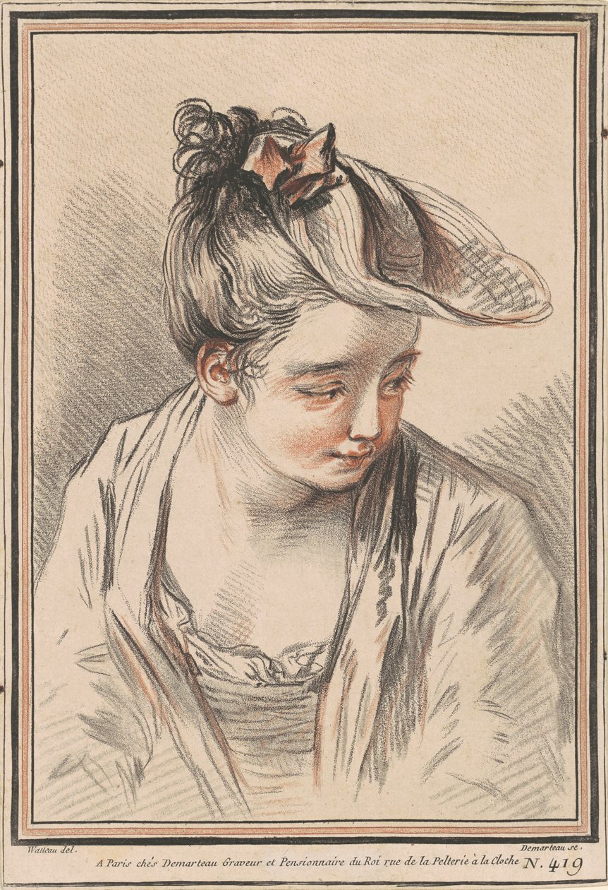 Chef för en ung kvinna som bär en hatt av Gilles Demarteau the Elder after Antoine Watteau